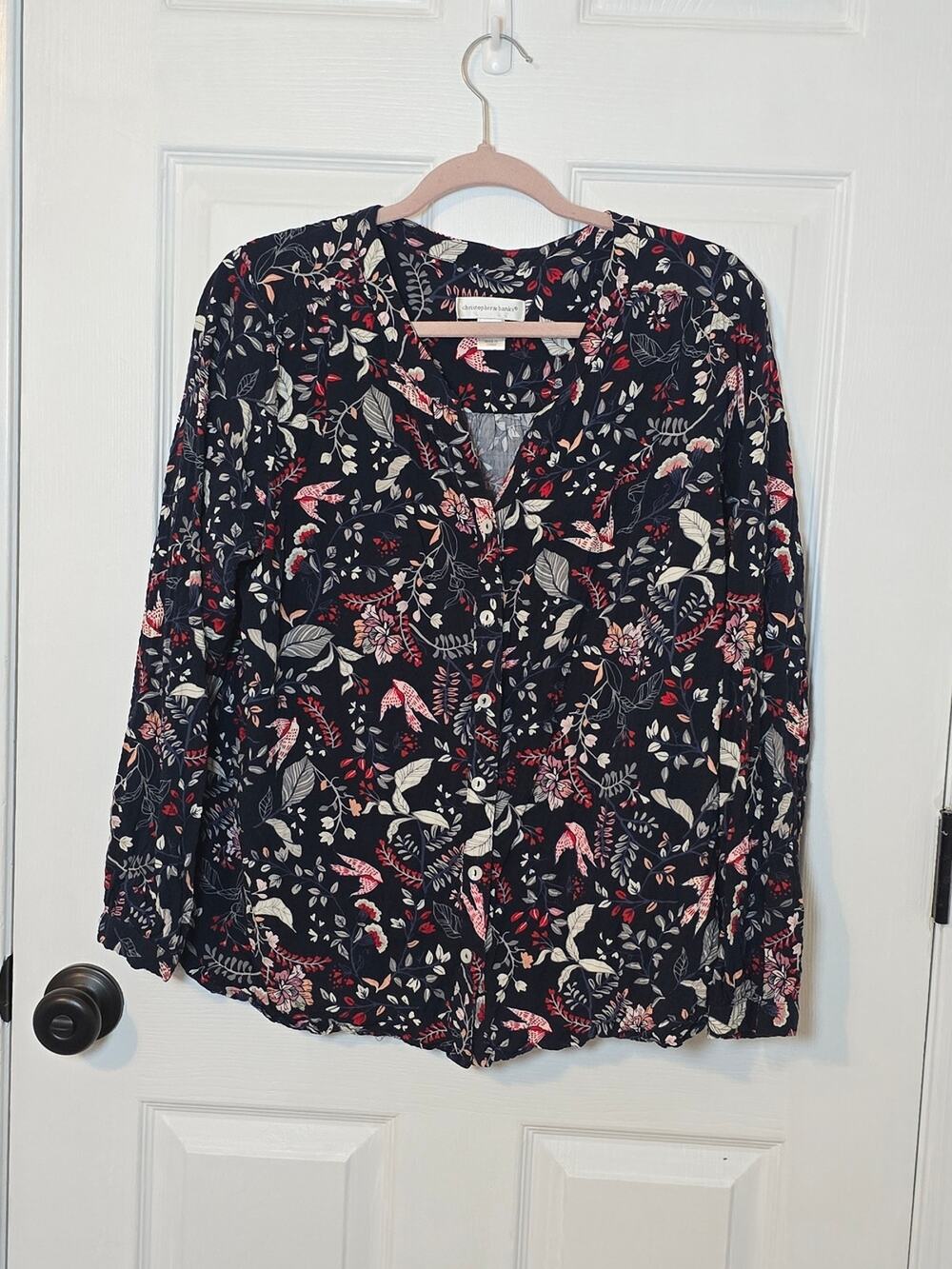 Christopher & Banks Navy Floral Bird Print Button Front Blouse Large Cottagecore